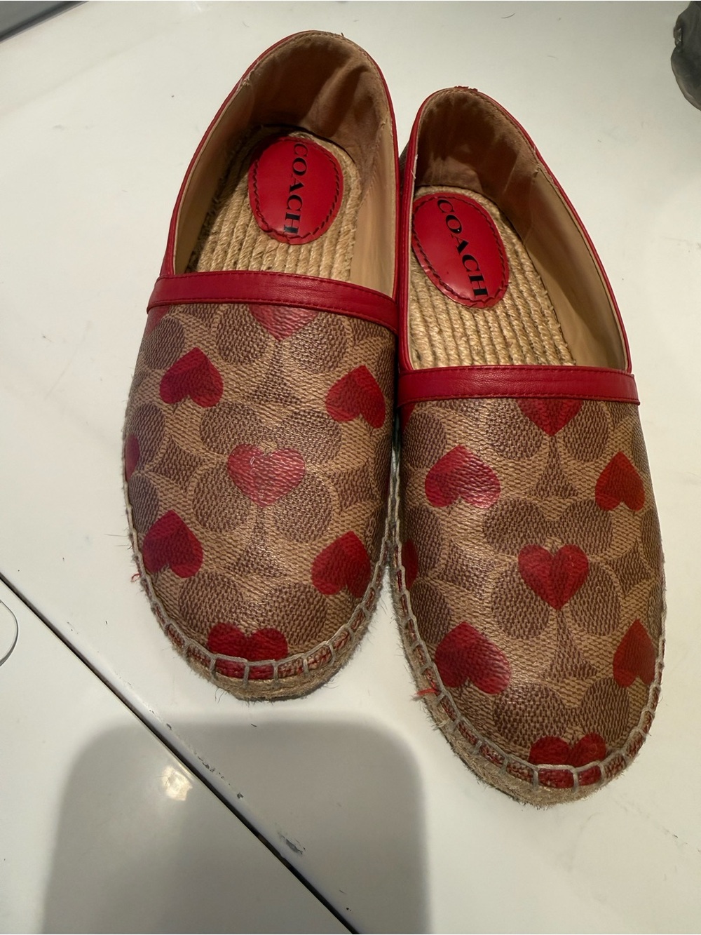 COACH Kids Brown Canvas Espadrilles with Red Heart Print